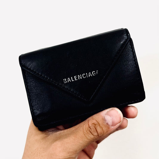 Balenciaga Black Envelope Leather Classic Motif Monogram Logo Flap Trifold Compact Wallet