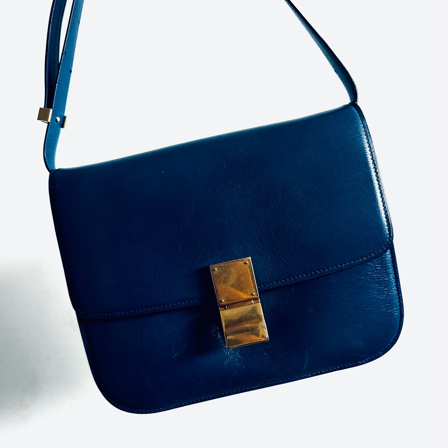 Celine Deep Blue GHW Medium Classic Box Monogram Logo Smooth Leather Shoulder Sling Bag