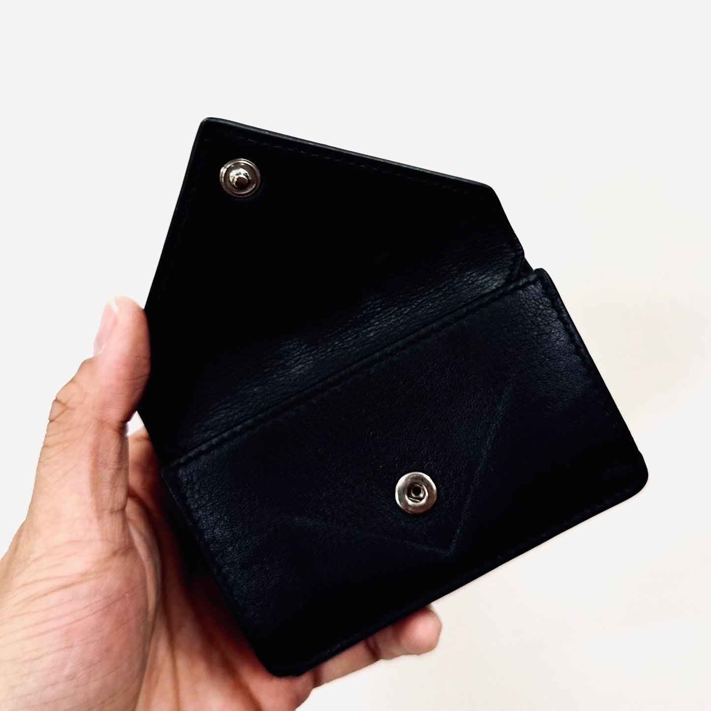 Balenciaga Black Envelope Leather Classic Motif Monogram Logo Flap Trifold Compact Wallet