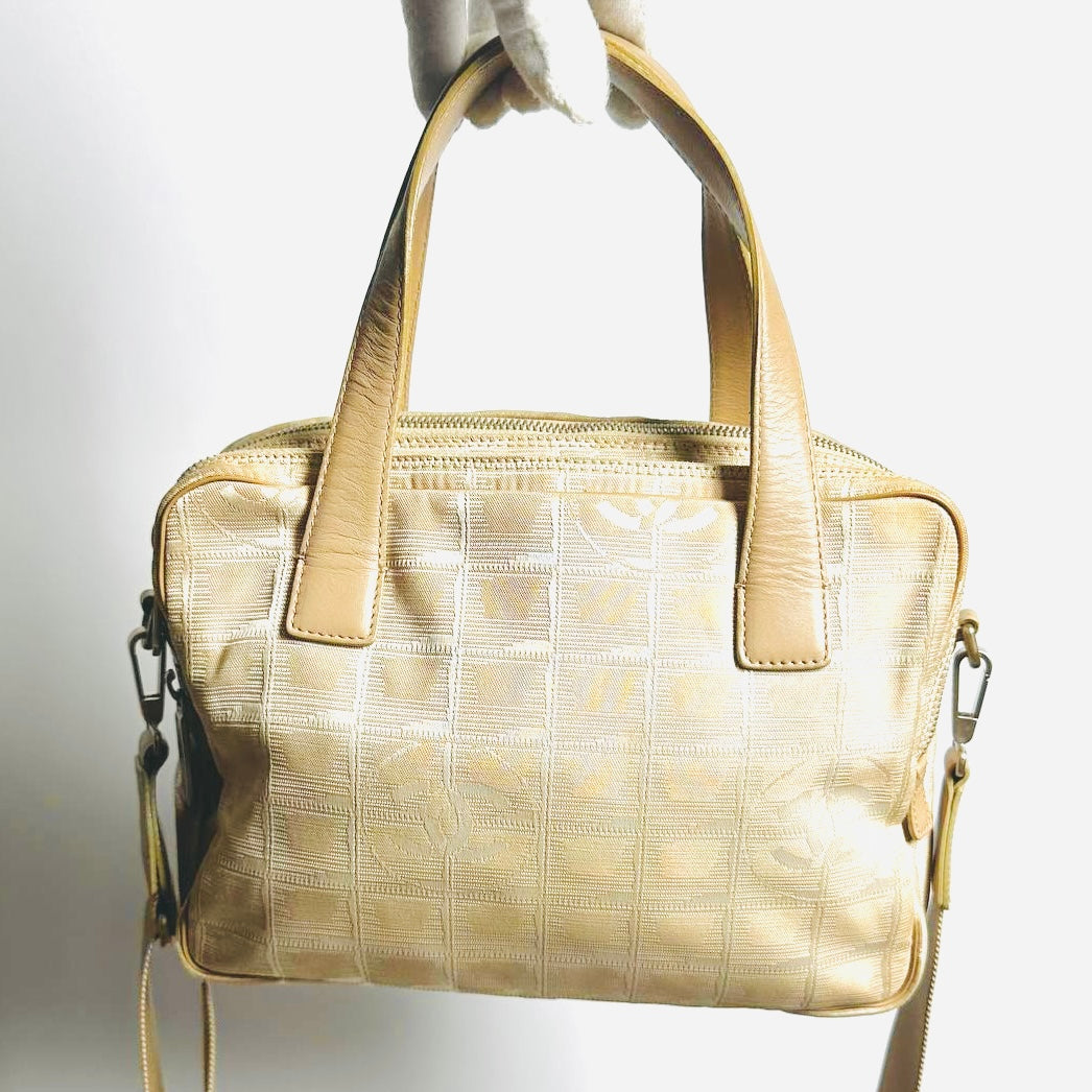 Chanel Beige Travel Line Quilted Jacquard Monogram Logo 2-Way Shoulder Shopper Tote Bag 6s