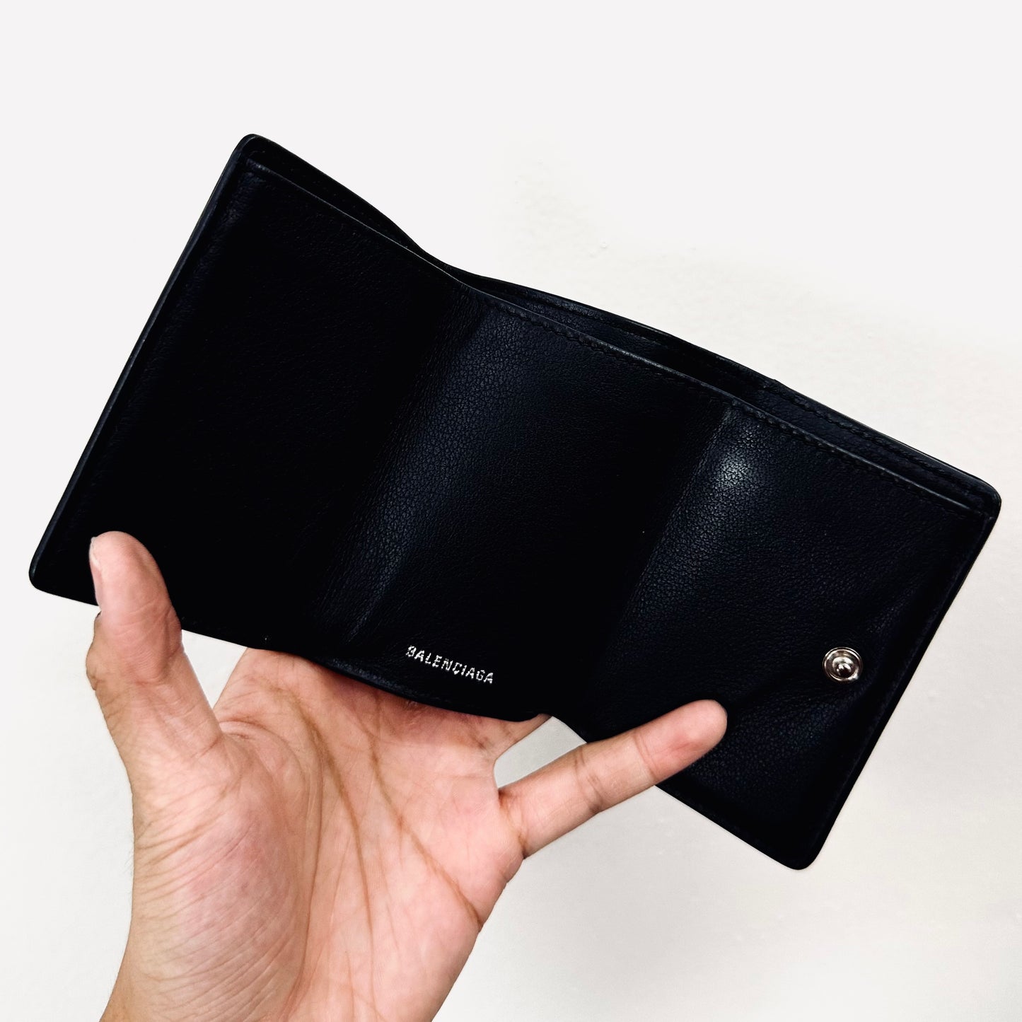 Balenciaga Black Envelope Leather Classic Motif Monogram Logo Flap Trifold Compact Wallet