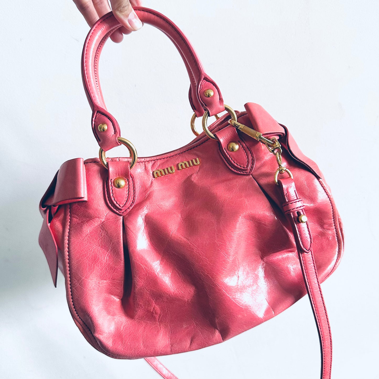 Miu Miu Rose Pink GHW Vitello Lux Classic Logo 2-Way Shopper Shoulder Bauletto Sling Tote Bag