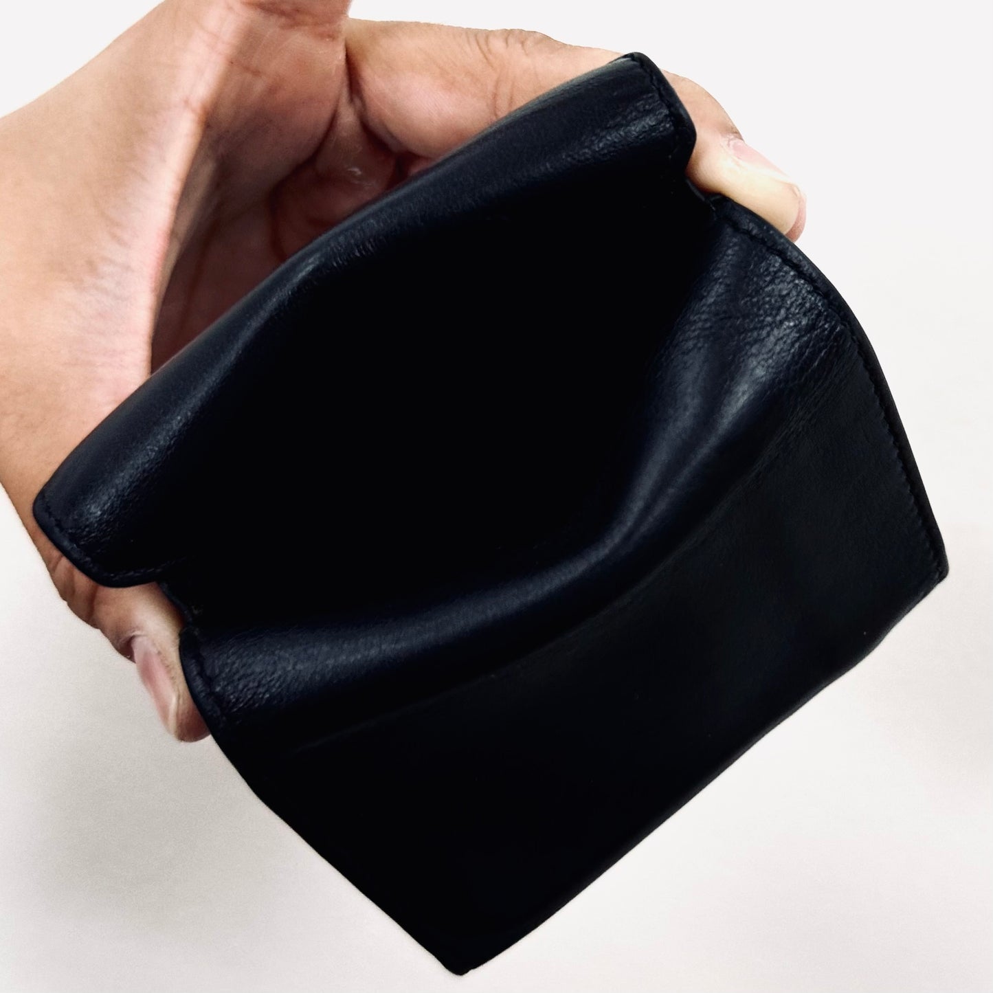 Balenciaga Black Envelope Leather Classic Motif Monogram Logo Flap Trifold Compact Wallet