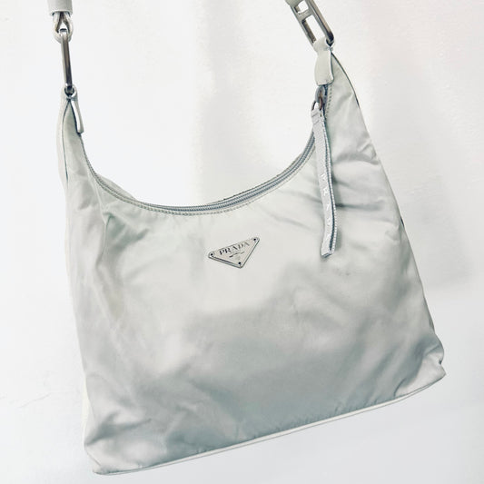 Prada Cristallo Light Grey Tessuto Summer Nylon Classic Logo Hobo Baguette Shoulder Sling Bag