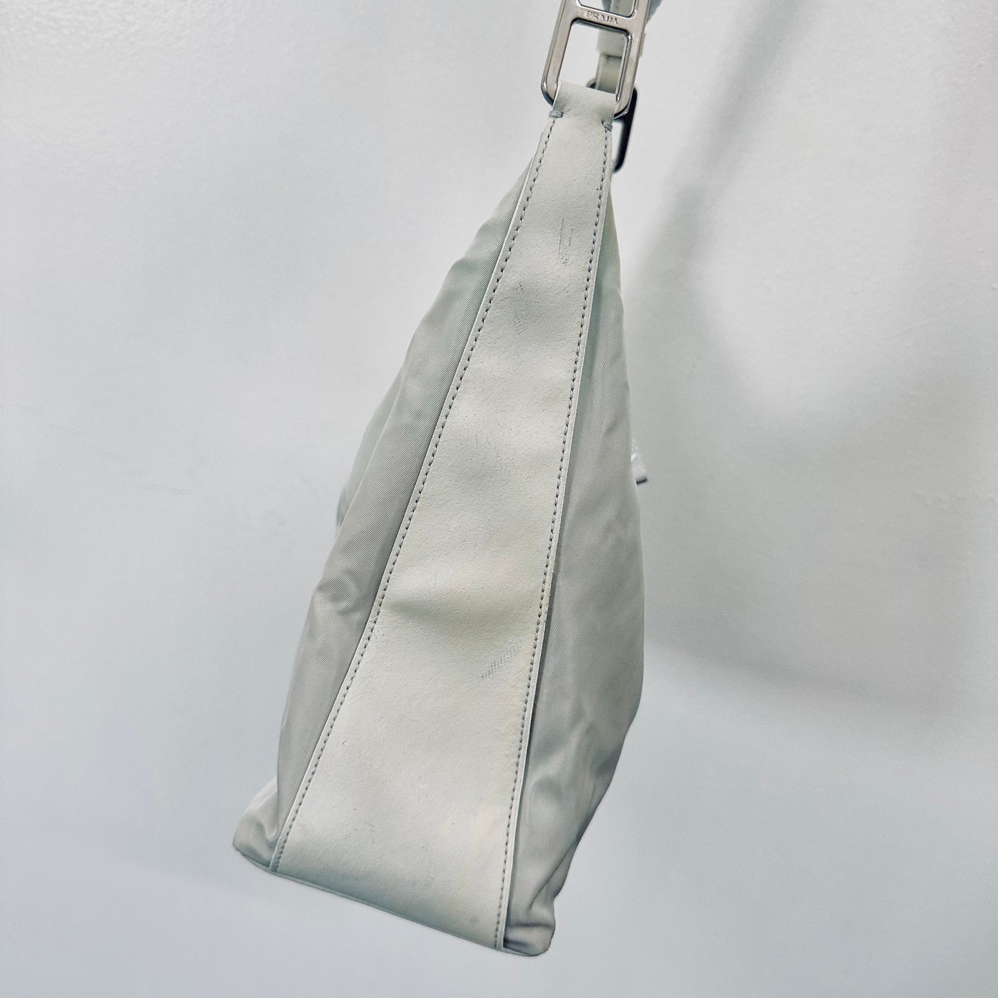 Prada Cristallo Light Grey Tessuto Summer Nylon Classic Logo Hobo Baguette Shoulder Sling Bag