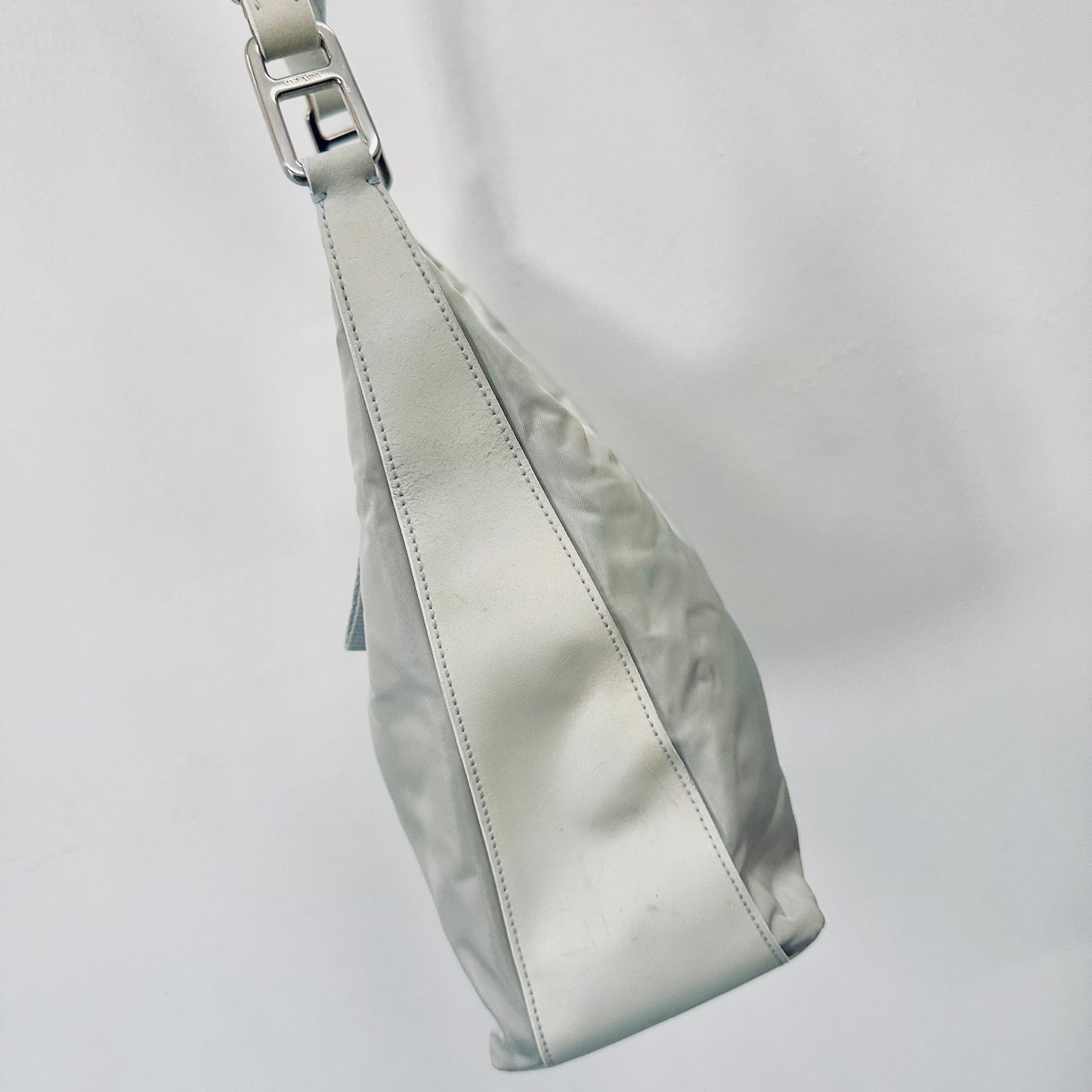 Prada Cristallo Light Grey Tessuto Summer Nylon Classic Logo Hobo Baguette Shoulder Sling Bag