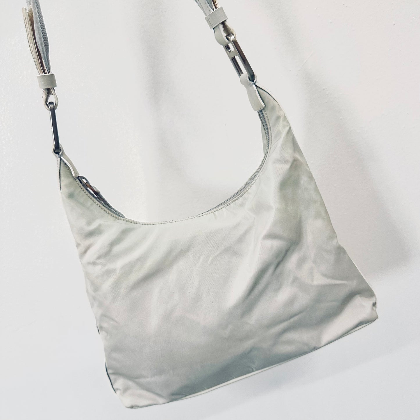 Prada Cristallo Light Grey Tessuto Summer Nylon Classic Logo Hobo Baguette Shoulder Sling Bag