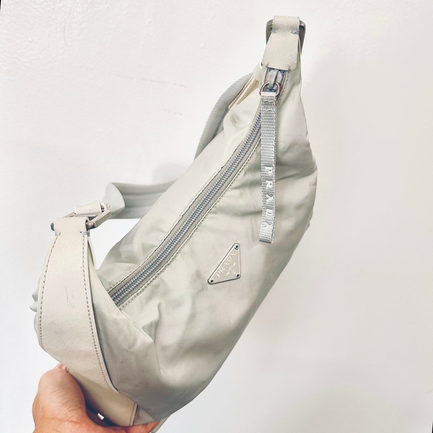 Prada Cristallo Light Grey Tessuto Summer Nylon Classic Logo Hobo Baguette Shoulder Sling Bag