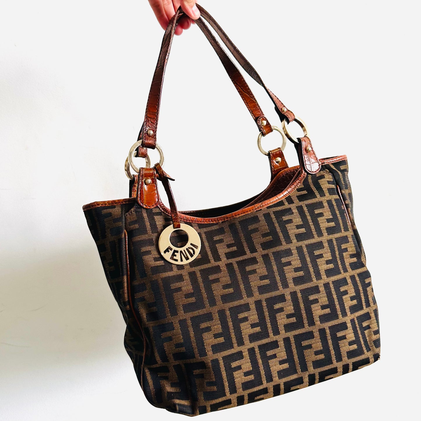 Fendi Brown Zucca FF Monogram Logo & Croc Embossed Leather Baguette Hobo Shoulder Shopper Tote Bag