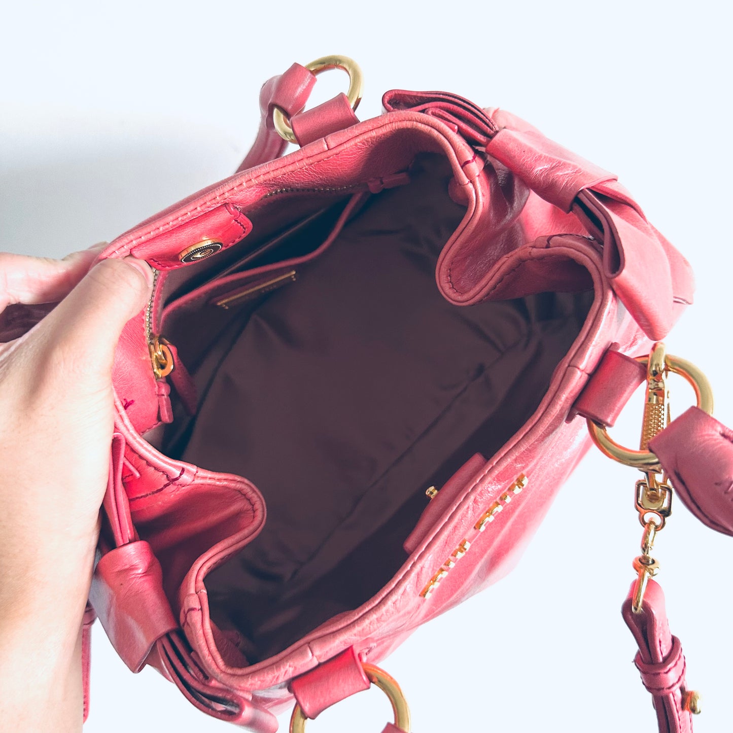 Miu Miu Rose Pink GHW Vitello Lux Classic Logo 2-Way Shopper Shoulder Bauletto Sling Tote Bag