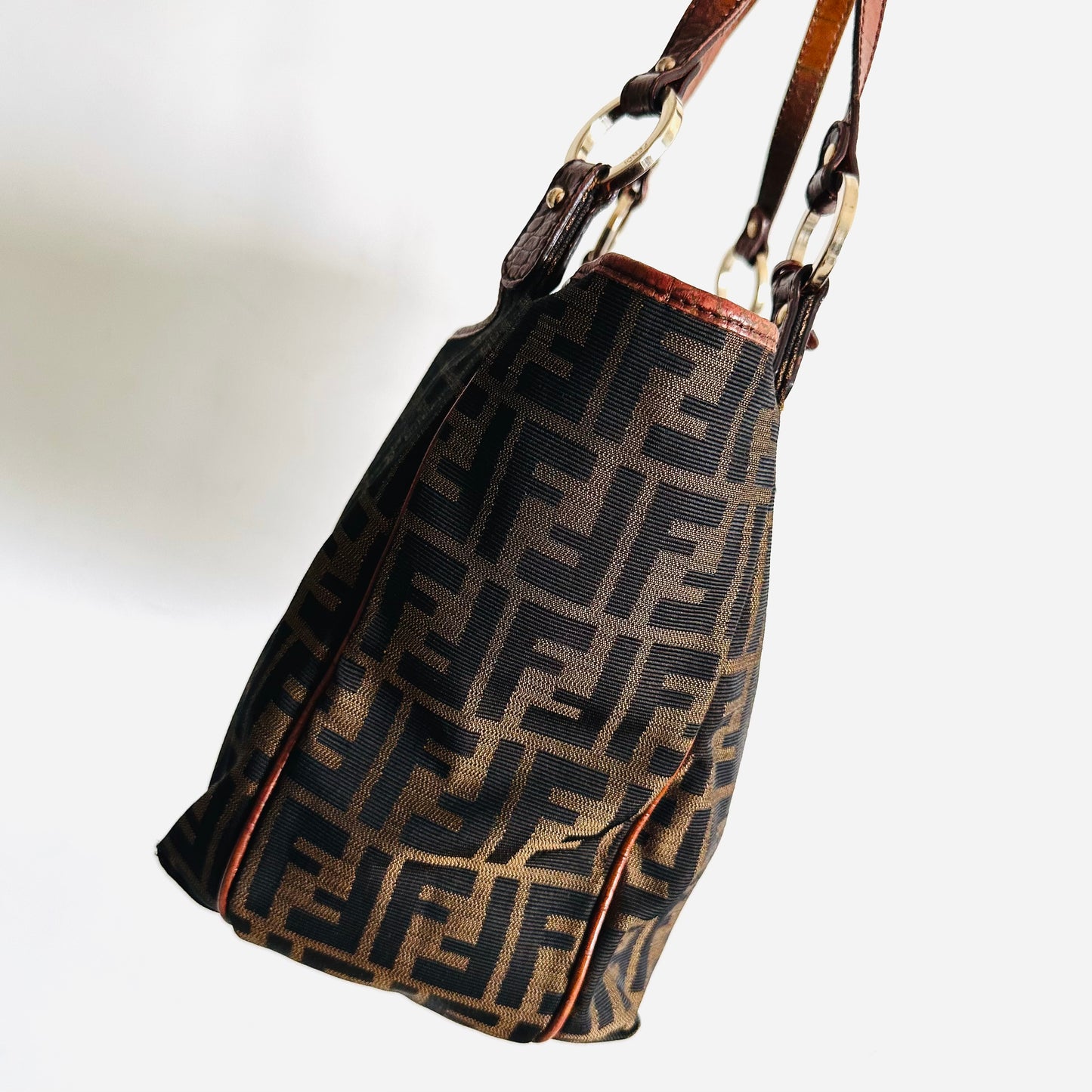 Fendi Brown Zucca FF Monogram Logo & Croc Embossed Leather Baguette Hobo Shoulder Shopper Tote Bag