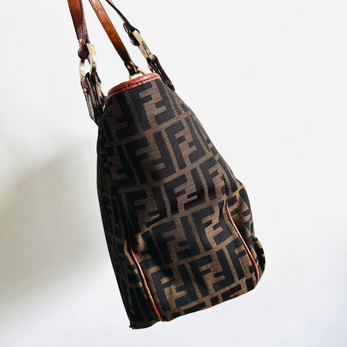 Fendi Brown Zucca FF Monogram Logo & Croc Embossed Leather Baguette Hobo Shoulder Shopper Tote Bag