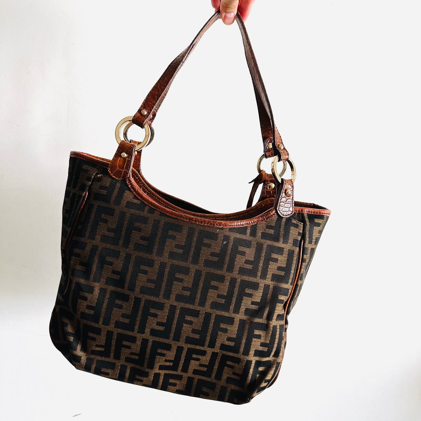 Fendi Brown Zucca FF Monogram Logo & Croc Embossed Leather Baguette Hobo Shoulder Shopper Tote Bag