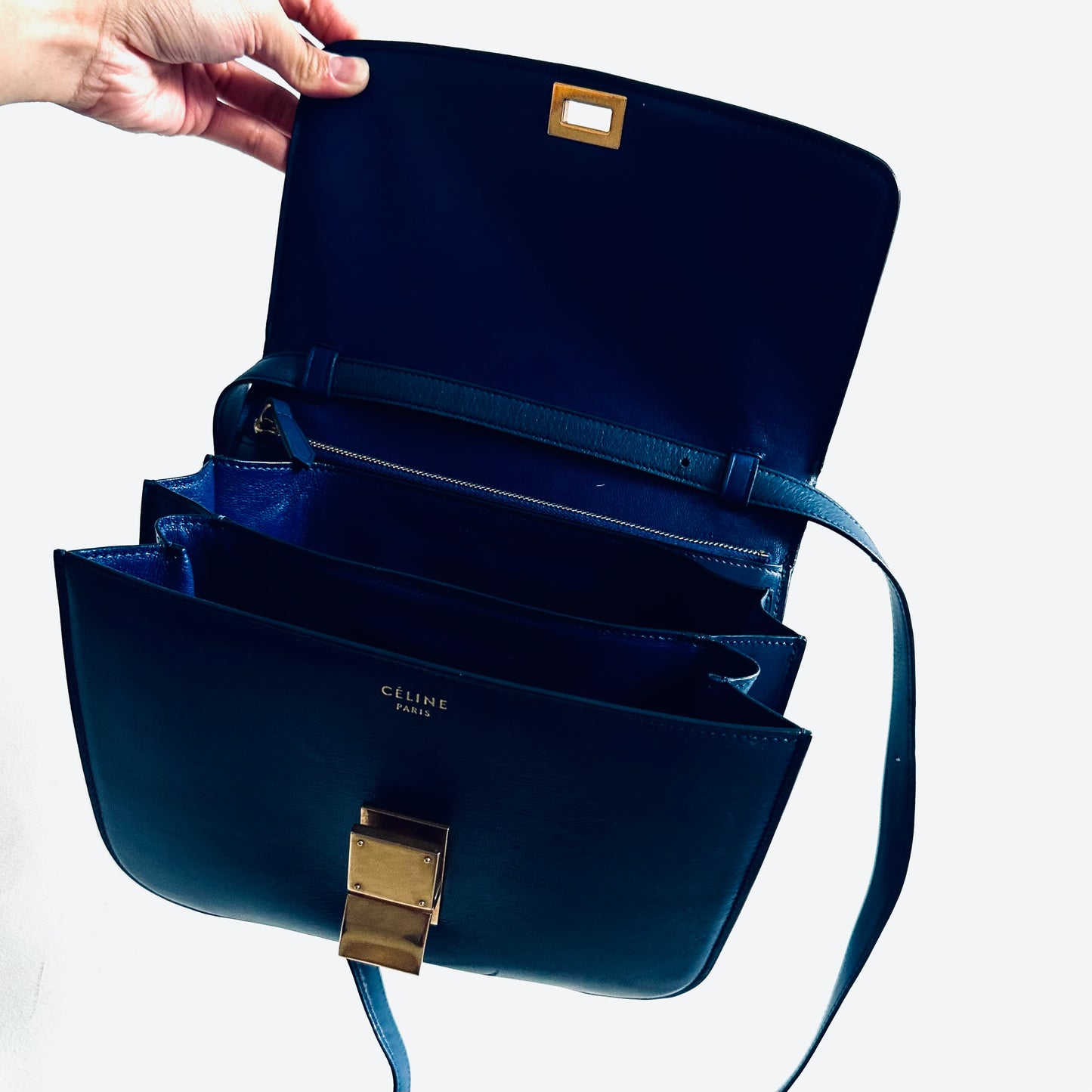 Celine Deep Blue GHW Medium Classic Box Monogram Logo Smooth Leather Shoulder Sling Bag