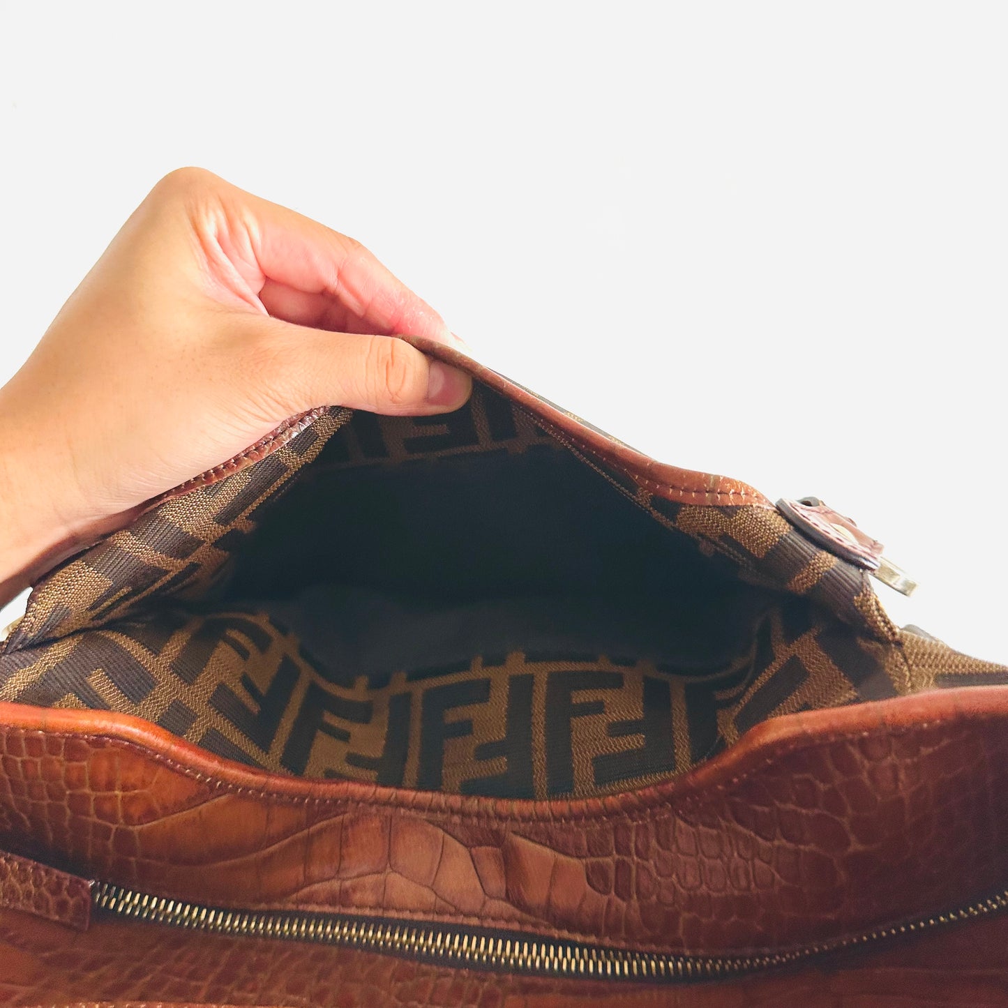 Fendi Brown Zucca FF Monogram Logo & Croc Embossed Leather Baguette Hobo Shoulder Shopper Tote Bag
