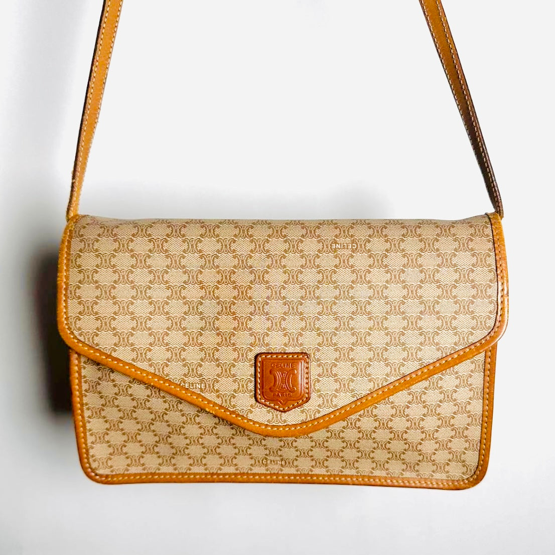 Celine Beige GHW Triomphe Macadam Monogram Logo Flap Small Vintage Shoulder Sling Bag