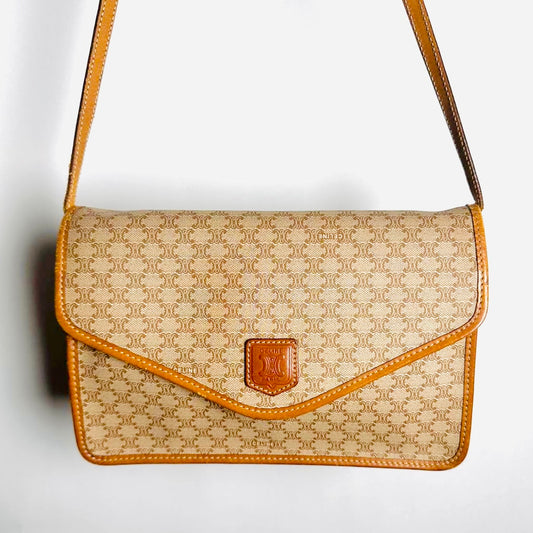 Celine Beige GHW Triomphe Macadam Monogram Logo Flap Small Vintage Shoulder Sling Bag