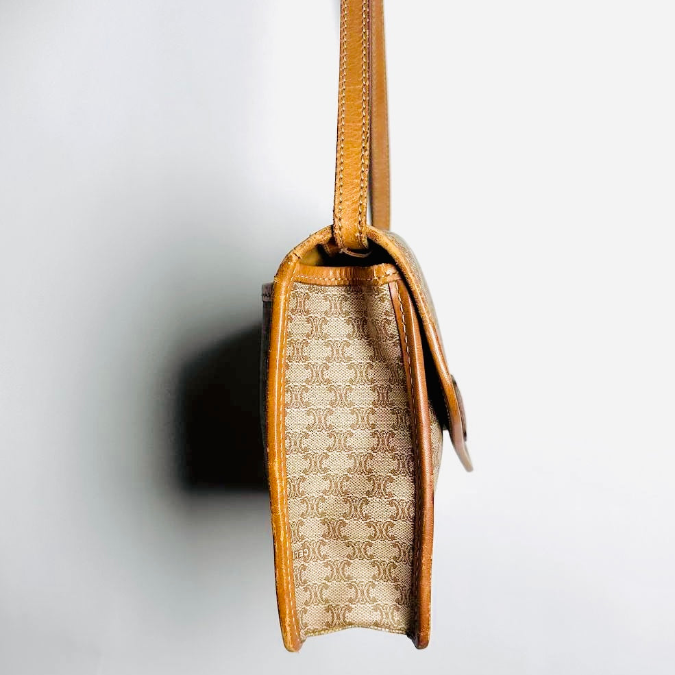 Celine Beige GHW Triomphe Macadam Monogram Logo Flap Small Vintage Shoulder Sling Bag