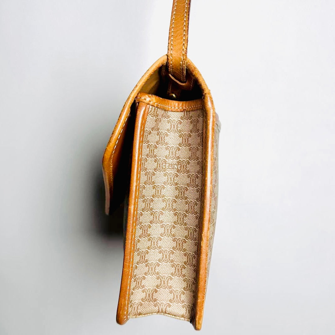 Celine Beige GHW Triomphe Macadam Monogram Logo Flap Small Vintage Shoulder Sling Bag