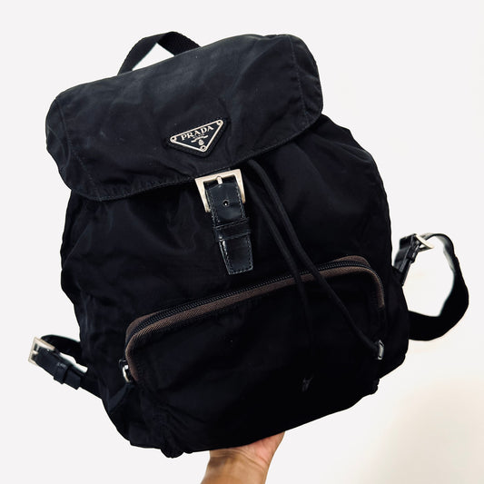 Prada Black Monogram Logo Tessuto Classic Nylon & Leather Backpack Bag