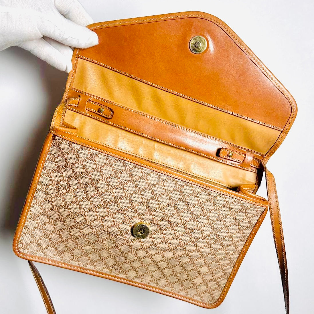 Celine Beige GHW Triomphe Macadam Monogram Logo Flap Small Vintage Shoulder Sling Bag