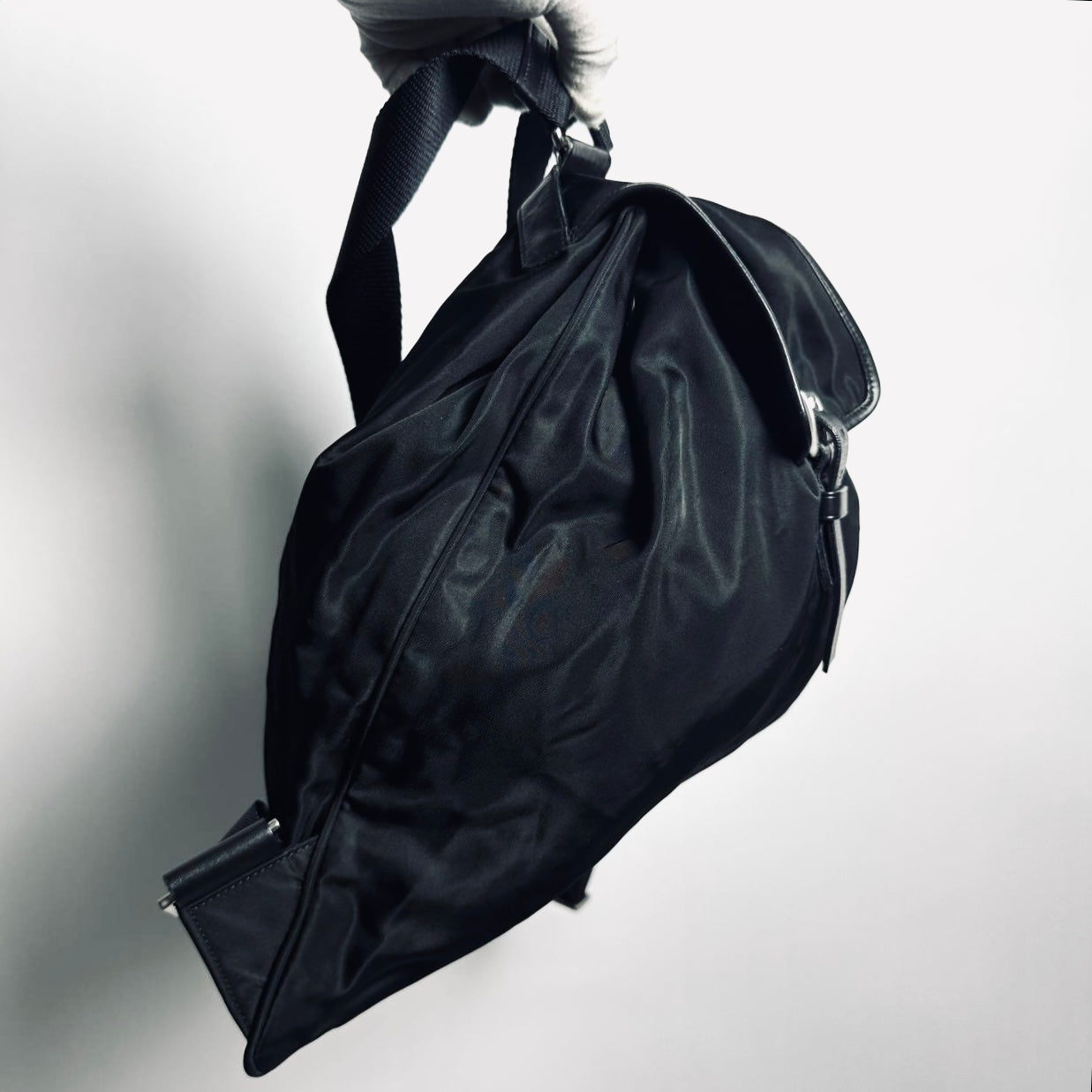 Prada Black Tessuto Classic Monogram Logo Nylon & Leather Backpack Drawstring Bag