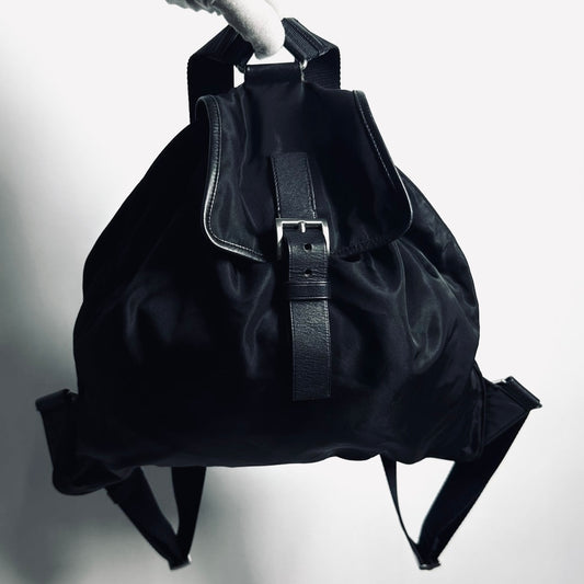 Prada Black Tessuto Classic Monogram Logo Nylon & Leather Backpack Drawstring Bag