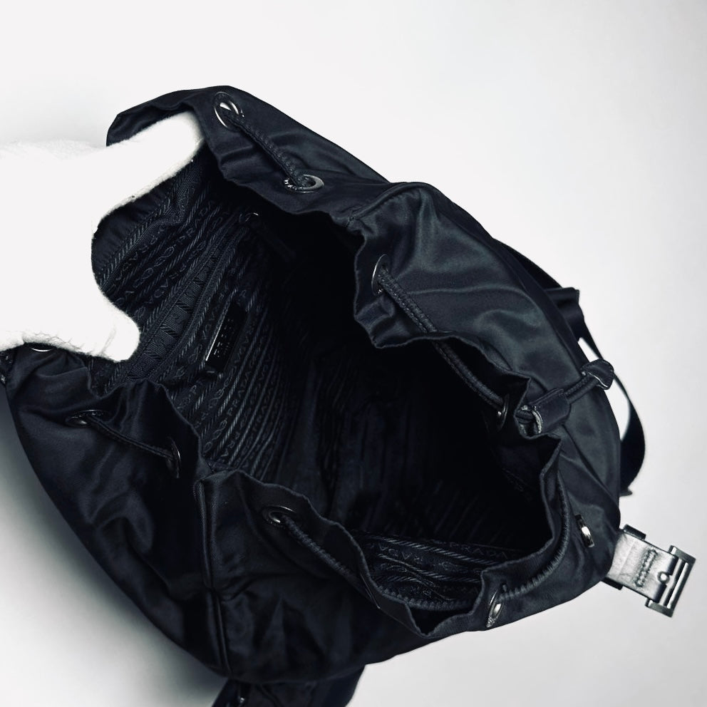 Prada Black Tessuto Classic Monogram Logo Nylon & Leather Backpack Drawstring Bag