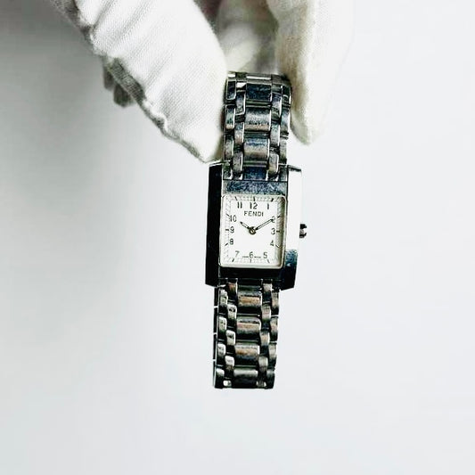 Fendi FF Monogram Logo White Dial Rectangular Stainless Steel 7000L 22MM Quartz Watch