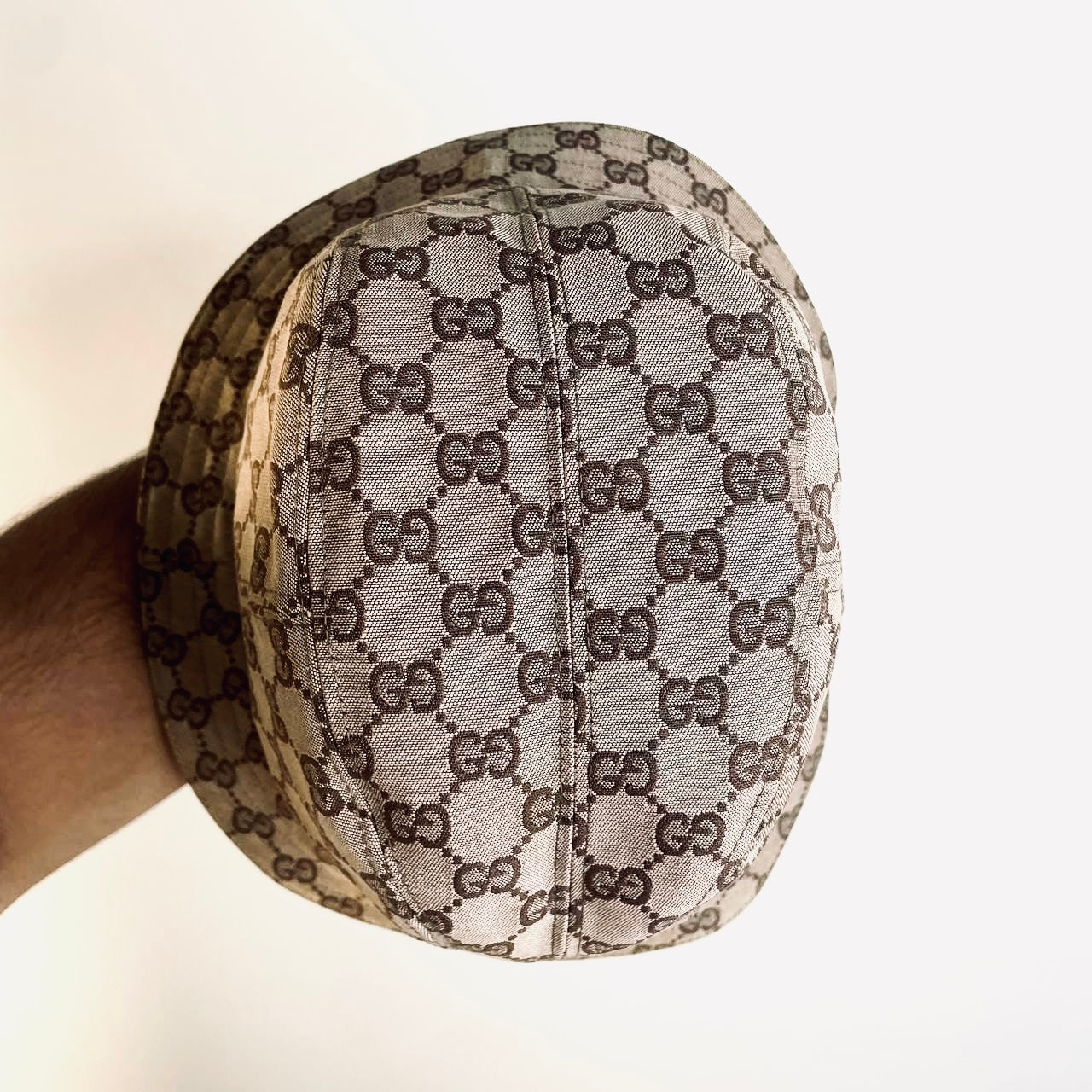 Gucci Beige GHW GG Monogram Logo Web Striped Bucket Hat