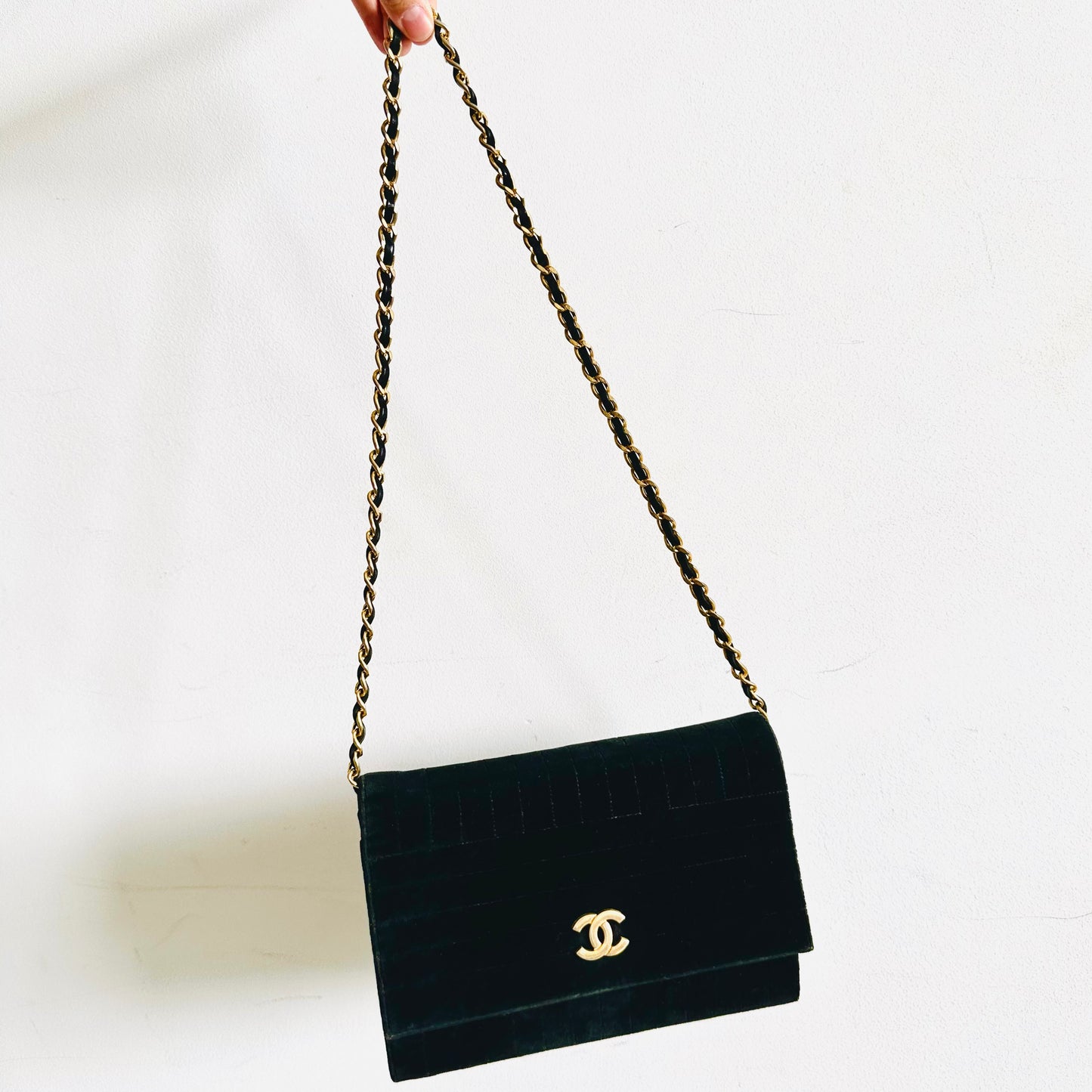Chanel CC Black GHW Logo Classic Single Flap Quilted Jersey Velvet Satin Small Vintage Shoulder Sling Bag Pre Series