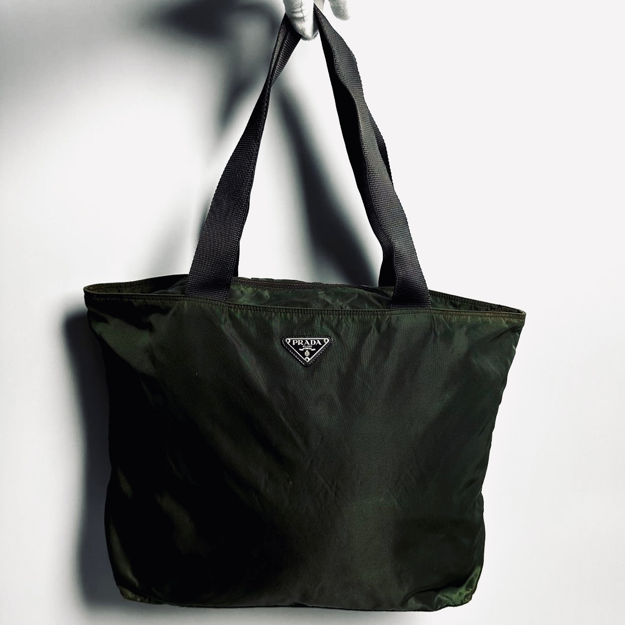 Prada Dark Khaki Green Tessuto Monogram Logo Nylon Zip Shoulder Shopper Tote Bag