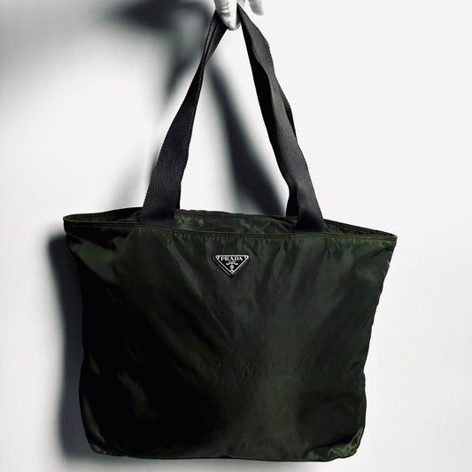 Prada Dark Khaki Green Tessuto Monogram Logo Nylon Zip Shoulder Shopper Tote Bag