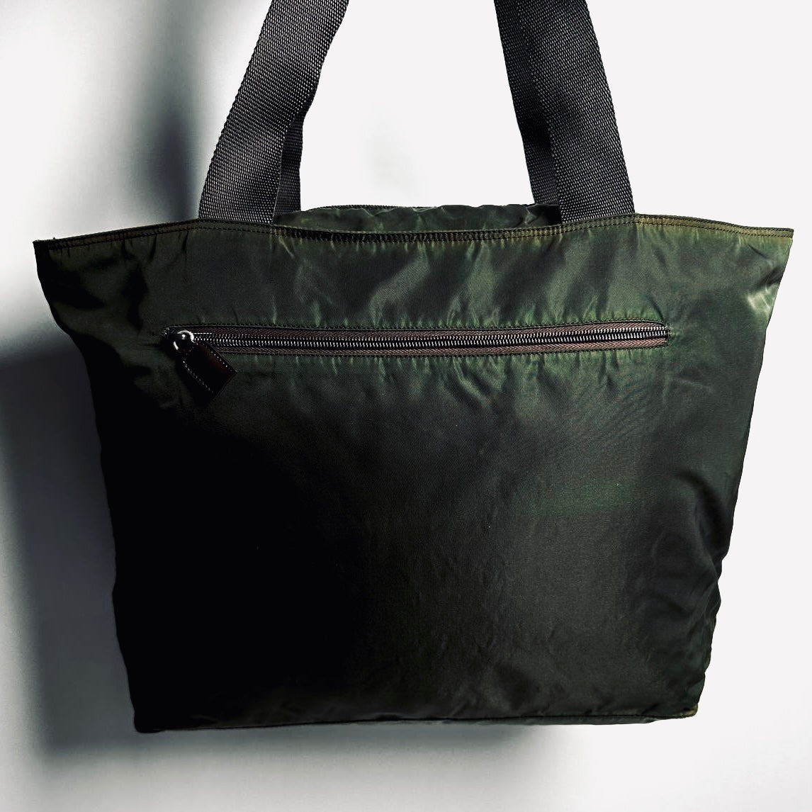Prada Dark Khaki Green Tessuto Monogram Logo Nylon Zip Shoulder Shopper Tote Bag
