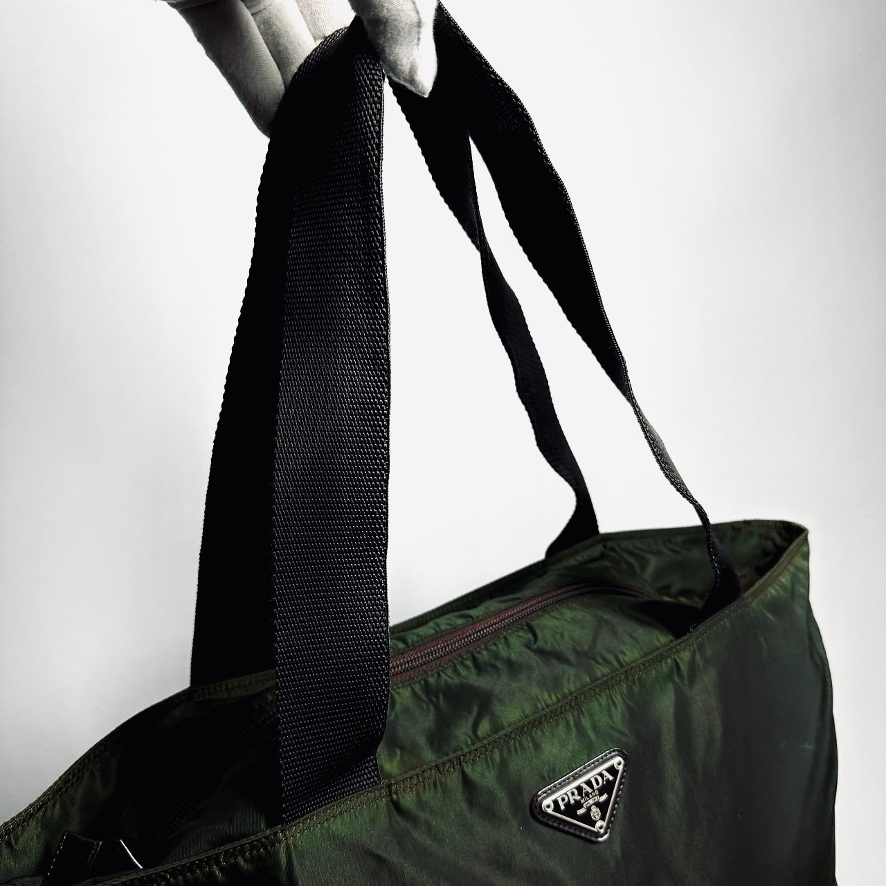 Prada Dark Khaki Green Tessuto Monogram Logo Nylon Zip Shoulder Shopper Tote Bag