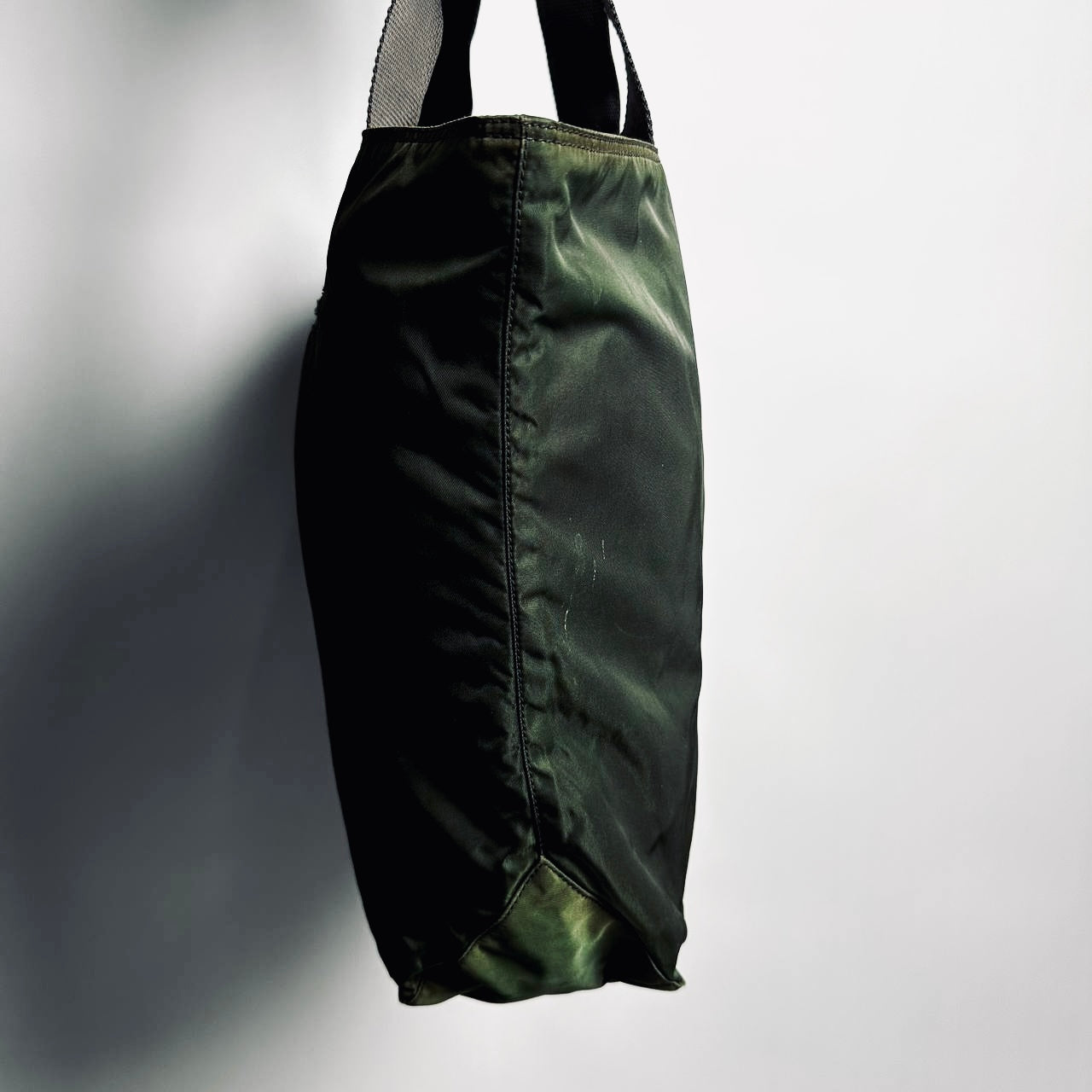 Prada Dark Khaki Green Tessuto Monogram Logo Nylon Zip Shoulder Shopper Tote Bag
