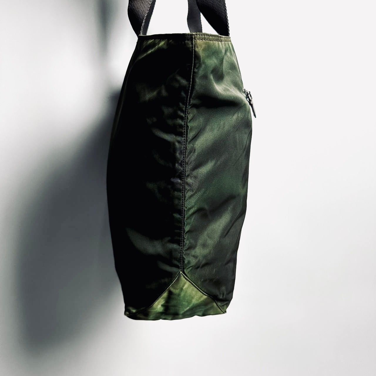 Prada Dark Khaki Green Tessuto Monogram Logo Nylon Zip Shoulder Shopper Tote Bag