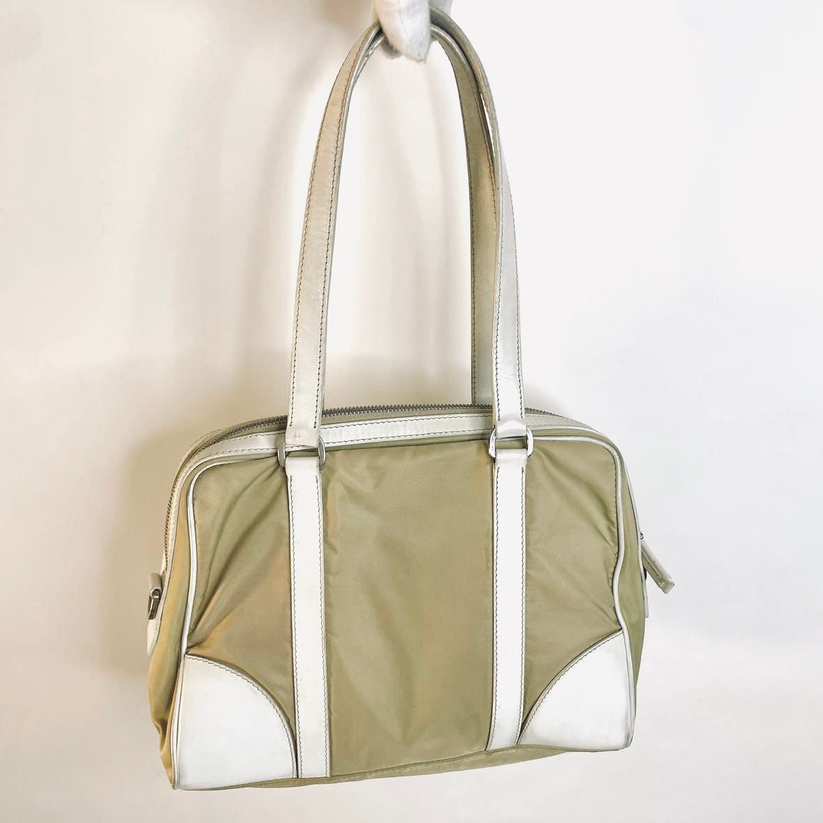 Prada Khaki Beige / White Tessuto Utility Monogram Logo Nylon & Leather Boston Bowling Shopper Shoulder Tote Bag