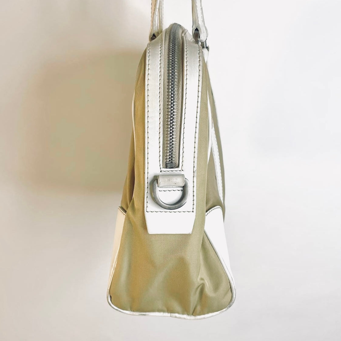 Prada Khaki Beige / White Tessuto Utility Monogram Logo Nylon & Leather Boston Bowling Shopper Shoulder Tote Bag