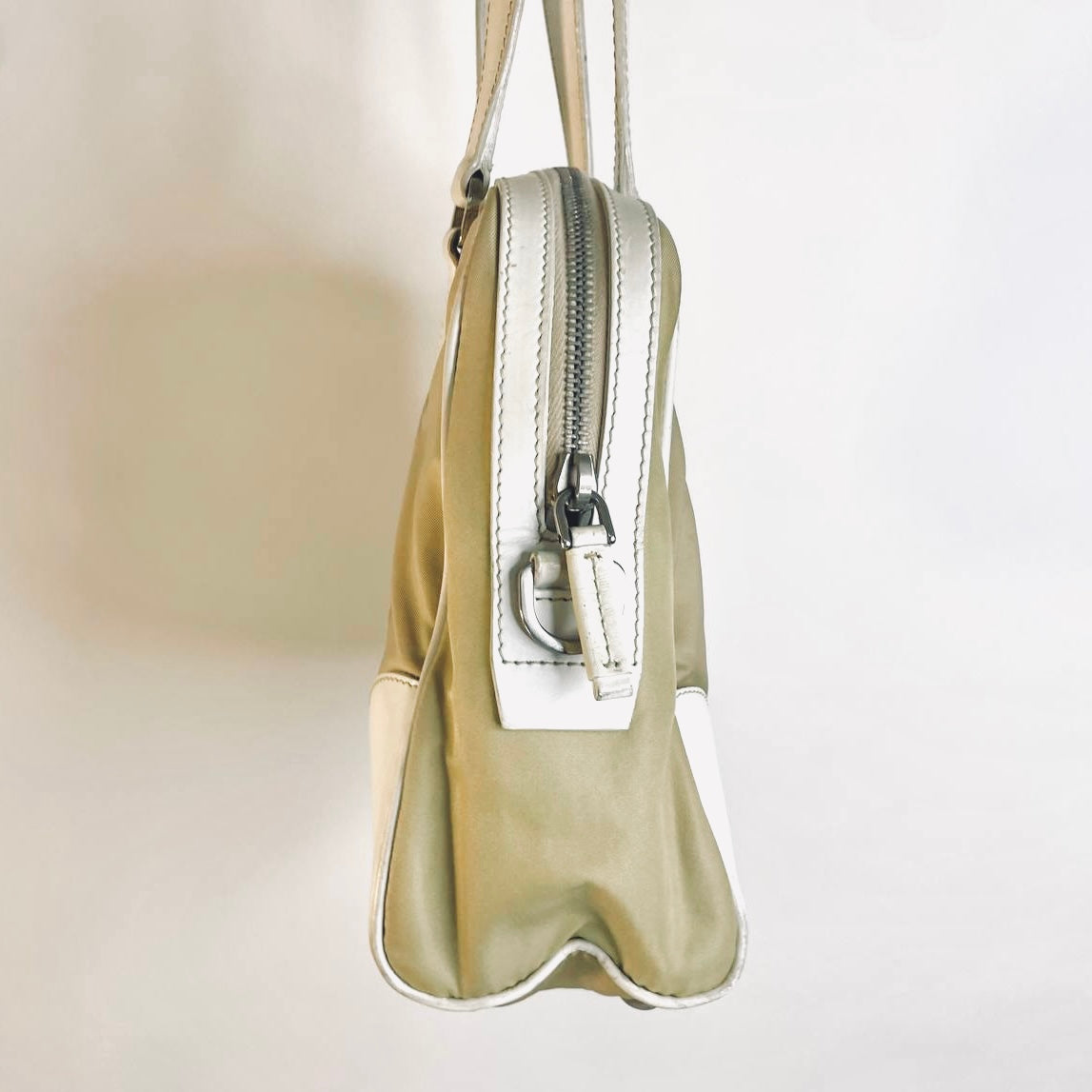 Prada Khaki Beige / White Tessuto Utility Monogram Logo Nylon & Leather Boston Bowling Shopper Shoulder Tote Bag