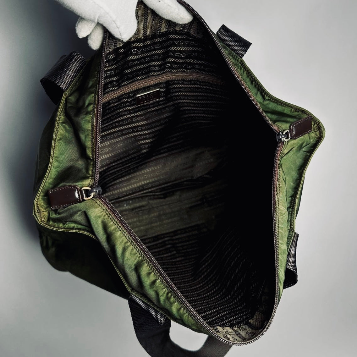 Prada Dark Khaki Green Tessuto Monogram Logo Nylon Zip Shoulder Shopper Tote Bag