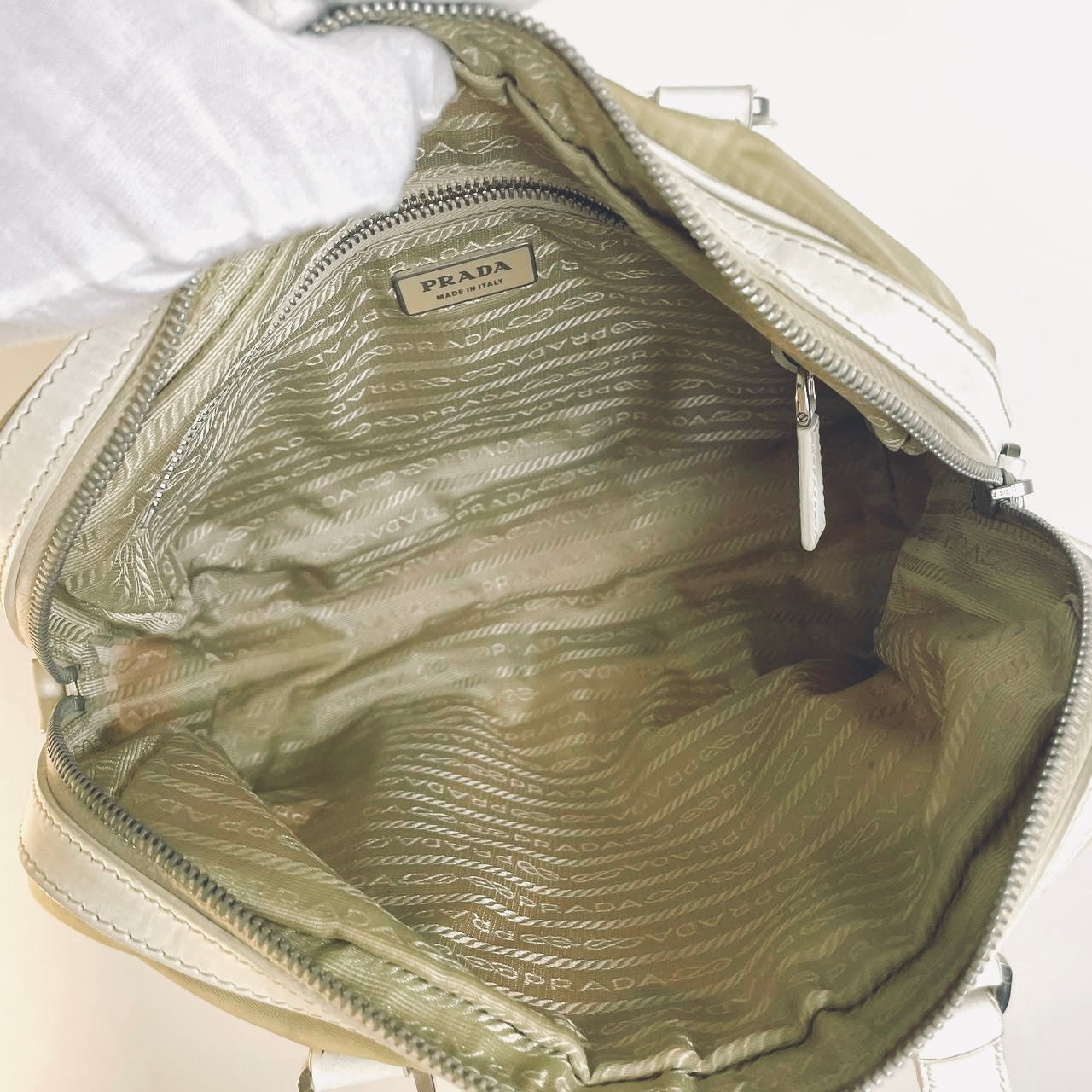 Prada Khaki Beige / White Tessuto Utility Monogram Logo Nylon & Leather Boston Bowling Shopper Shoulder Tote Bag