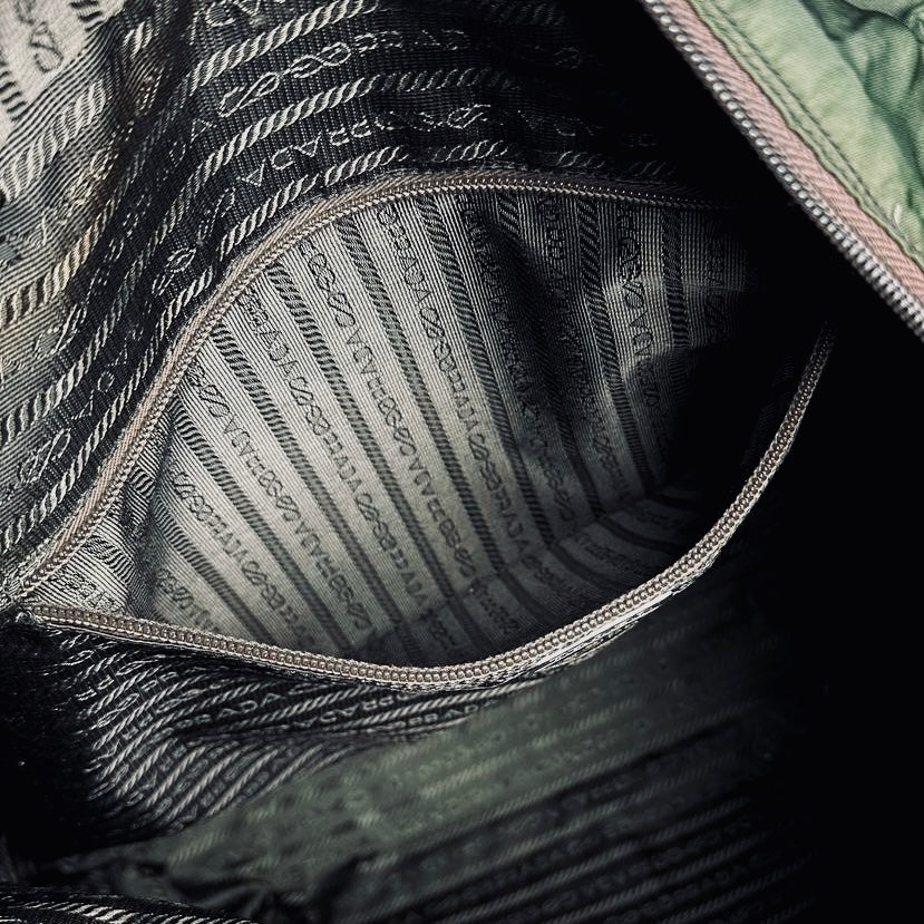 Prada Dark Khaki Green Tessuto Monogram Logo Nylon Zip Shoulder Shopper Tote Bag