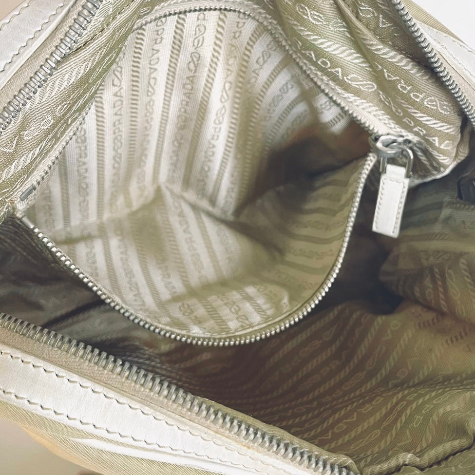 Prada Khaki Beige / White Tessuto Utility Monogram Logo Nylon & Leather Boston Bowling Shopper Shoulder Tote Bag