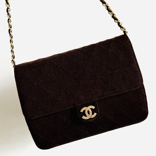 Chanel CC Dark Brown GHW Logo Small Classic Flap Square Quilted Jersey Vintage Shoulder Sling Bag Pre Series