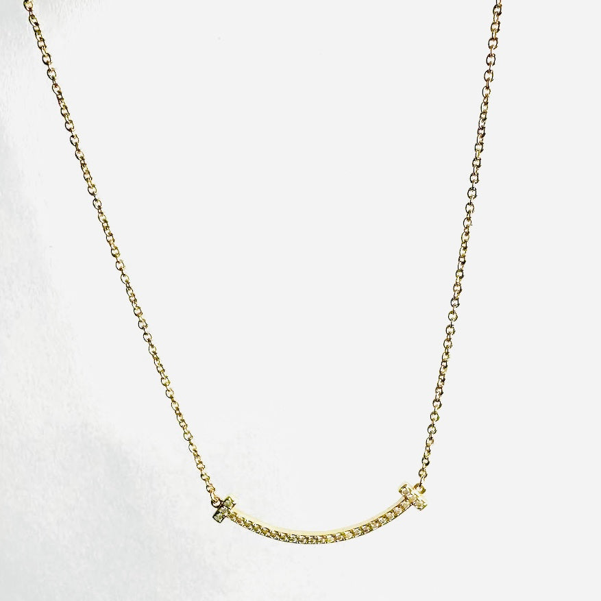 Tiffany & Co T&C T Wire Smile Pendant Au750 18K Yellow Gold With Diamonds Small SM Chain Necklace