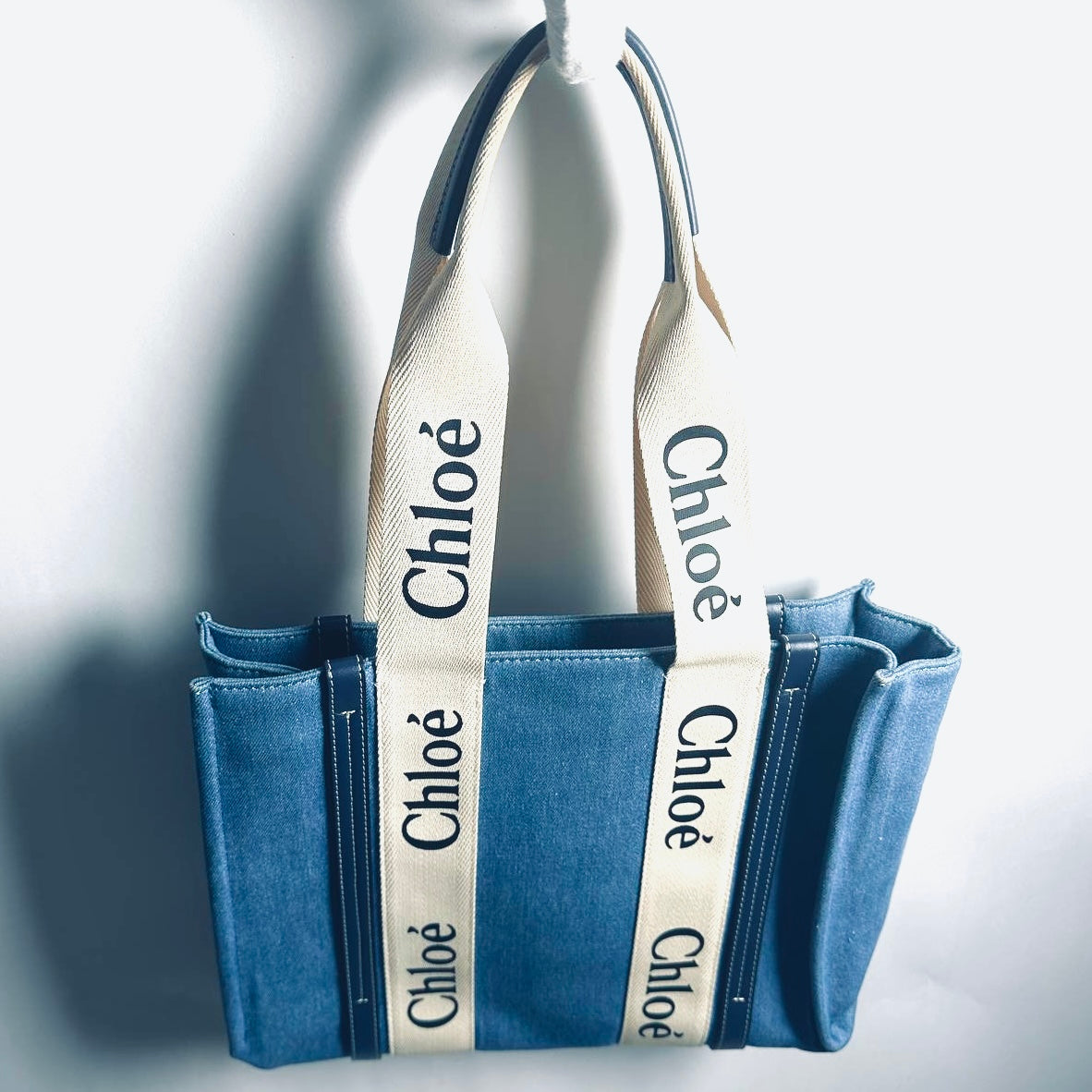 Chloe Woody Denim Blue / White Monogram Logo Shopper Medium Shoulder Tote Bag