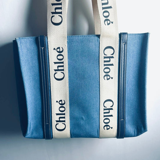 Chloe Woody Denim Blue / White Monogram Logo Shopper Medium Shoulder Tote Bag