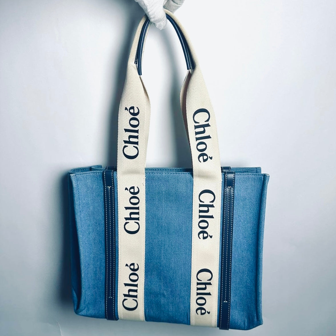 Chloe Woody Denim Blue / White Monogram Logo Shopper Medium Shoulder Tote Bag