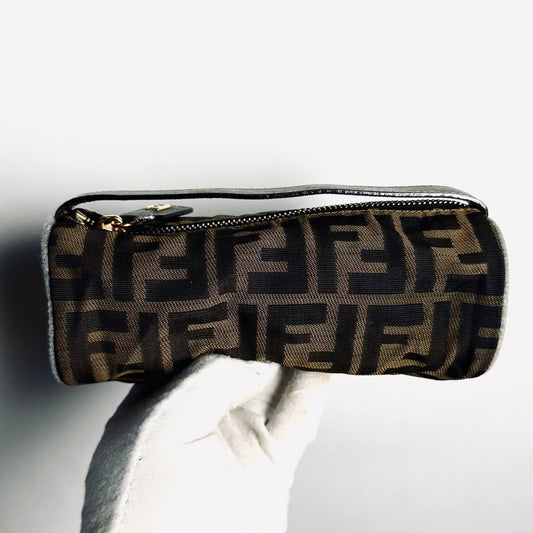 Fendi Zucca Brown GHW FF Monogram Logo Roller Pochette Accessories Hobo Mini Bag